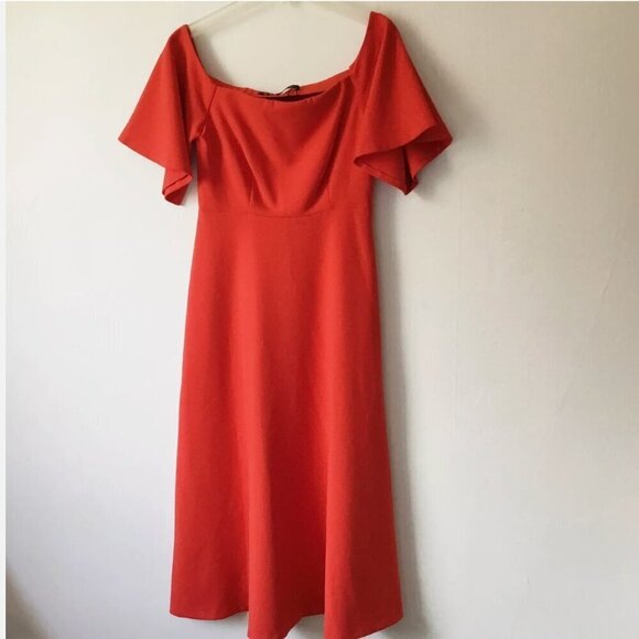 Zara Red Off-Shoulder Midi Dress with Flared Sleeves, Size Small - Picture 6 of 8